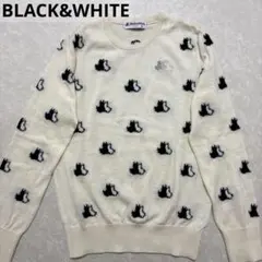 ブラック&ホワイト★ネコ総柄★ストレッチ★ニット【レディース サイズM】