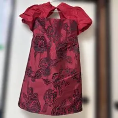 レッド系 花柄 パフスリーブ ひざ丈ワンピース