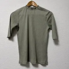リブ編み半袖トップス オリーブグリーン　L レディース　渋い