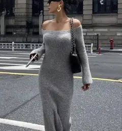 グレー オフショルダー ニットワンピース