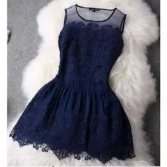 新品送料無料♪レース刺繍飾りノースリーブシースルー　チュールワンピ(00421)