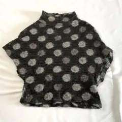 ヴィンテージ風　水玉　半袖ニット　ウール混　ハイネック　　ドット柄　黒×茶色