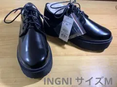 【未使用】イング 厚底レースアップシューズ M 黒 サテンリボン付き 軽量
