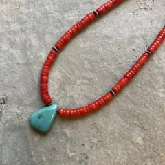 577赤珊瑚と天然ターコイズのネックレス　ナバホパール付き　6ミリ　太め