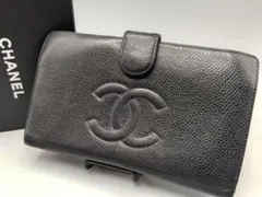 CHANEL キャビアスキン ビッグココ がま口 長財布 ブラック Gカード付