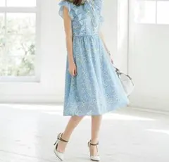 Chestyリボン付き清楚夏素材で水色 花柄 ノースリーブ ワンピース1