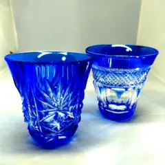 新品未使用希少薩摩切子青色クリスタルカット冷酒グラスショットグラスペア江戸切子