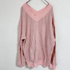 【Lサイズ】Vネック ワッフルニット セーター ピンク ゆったり 柔らか