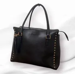 ラシット レザー トートバッグ A4可 肩掛け 黒 金 ロックスタッズ タッセル