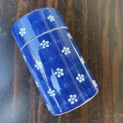 染付 花柄 茶筒 陶器製