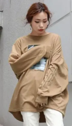 フォトプリントロングスリーブTee beige