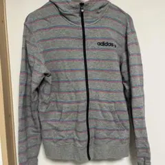 adidas パーカー Mグレー ストライプ