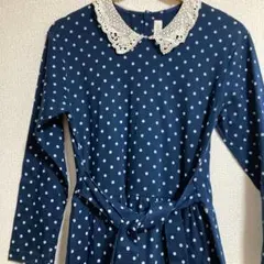 長袖ワンピース　ドット　ロング　ネイビー　レトロ　水玉　紺