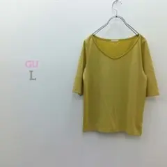 25『半袖カットソー』イエロー Vネック Tシャツ L リブ ラメ入 ディリー
