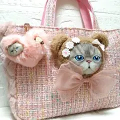 コヤンイサムチョン☆横長トートバッグ　ツイード＆ボアキルトピンク　ルミ　くま