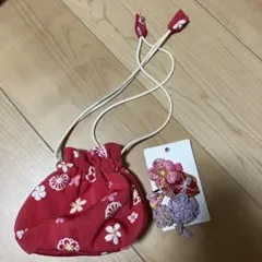 3歳　七五三　濃いピンク花柄巾着袋　髪飾り　セット