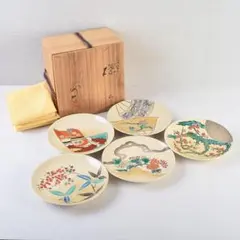 和食器　九谷焼　中村梅山作　色絵　絵変わり　銘々皿　五客　共箱　V　R9615