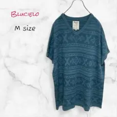Blucielo チュニック 総柄 半袖 ニット Mサイズ グリーン系 Vネック