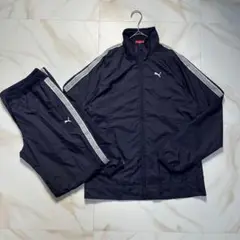 PUMA ナイロンジャケット上下セットアップ　アームロゴ　ドローコード　紺　L