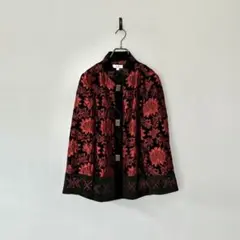 ビンテージ 刺繍ジャケット 総柄 スタンドカラー 赤黒 個性的 L ダンス 衣装のサムネイル