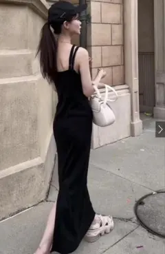 GRL パット付きダブルストラップキャミワンピース ブラック　Lサイズ