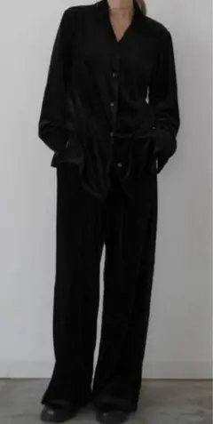 しまむら hideka ベロアシャツ+タックパンツ LL ブラック