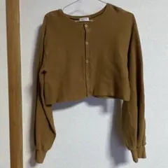 ブラウン クロップド長袖カットカーディガントップス