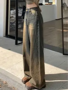 DAZY ソリッドカラー ワイドレッグ ジーンズ オリーブグリーン デニム