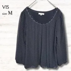 ヴィス VIS カットソー 黒 M ドット柄 ビジュー付き 七分袖 薄手