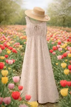 Tina:jojun 小花柄ロングワンピース リボン フレア 春夏 ナチュラル