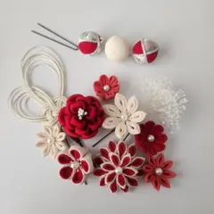 175　つまみ細工髪飾り　赤×ベージュ　七五三　成人式　卒業式