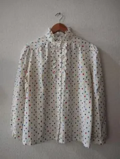 古着　スタンドカラー　カラフル フリルブラウス 長袖