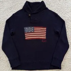 ★希少 XL相当★ ポロ ラルフローレン ニット ショールカラー 星条旗 麻 絹