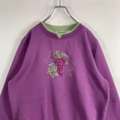 ぶどう　果物　ビック刺繍　パープル　古着スウェットL 22sw5