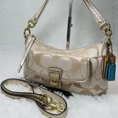 COACH コーチ ポピー メタリックシグネチャー サティーン ホーボー