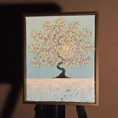 手書き油絵 ゴールドツリー 額付 肉筆絵画 インテリア 油彩画 金運