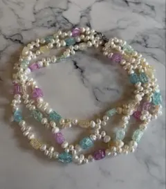 MITSUKOSHI カラフルビーズと本真珠 3連ネックレス 50㎝ 10㎜