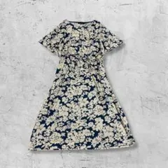 昭和レトロ 花柄 ワンピース 半袖 ブルー L 古着 vintage