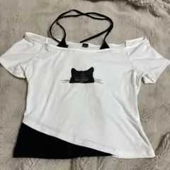 猫プリント オフショルダー 半袖Tシャツ Lサイズ