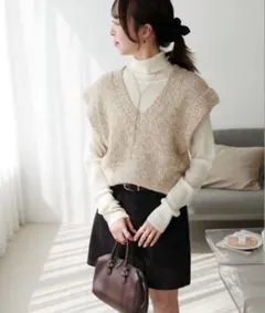 Discoat ディスコート スラブフリルベスト ベージュ ニットベスト