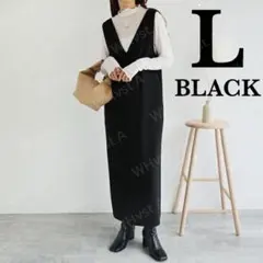 【SALE】L 大人可愛 Vネック ワンピース スカート ブラック 体型カバー