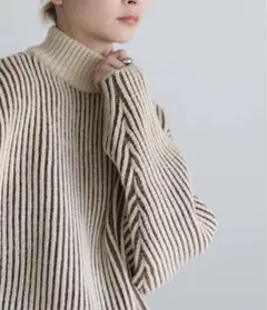 セレクトモカ ニット　ストライプ　バイカラーリブ編みオーバーニット ブラウン