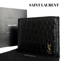 希少✨サンローラン 二つ折り財布 カードケース付き クロコ型押し YSL 黒