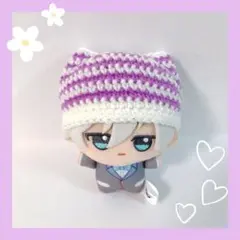 ちびぐるみ ぬい服 猫耳ボーダーニット帽 白×薄紫 ハンドメイド 編み物
