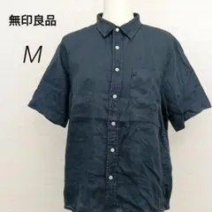 リネン✨無印良品 半袖シャツ シンプル 麻 ネイビー 定番【M】H11039