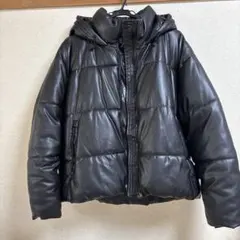ZARA フード付き フェイクレザーブラックダウンジャケット M