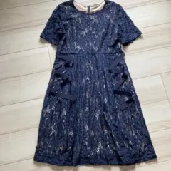 【美品】総レース半袖ワンピース・ネイビー・日本製・きれいめ・正装