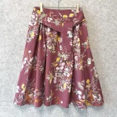 【美品】 スナイデル 花柄 フレア スカート 0 ボルドー 共布リボン フラワーのサムネイル