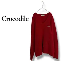 クロコダイル ワッフル編み Vネック セーター ワンポイント刺繍 シンプル