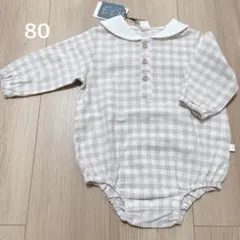 バースデイ　cottoli チェック柄ロンパース 80サイズ アニマル刺繍